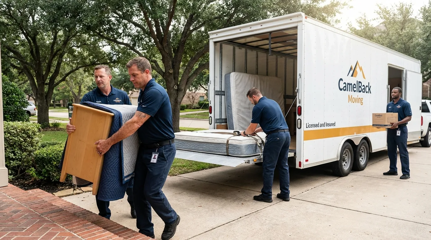 Crew loading residential truck for cross-state move from Clearlake Oaks, CA