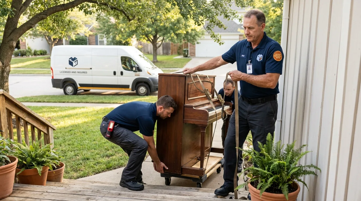 Licensed piano movers securing grand piano in Clearlake Oaks, CA