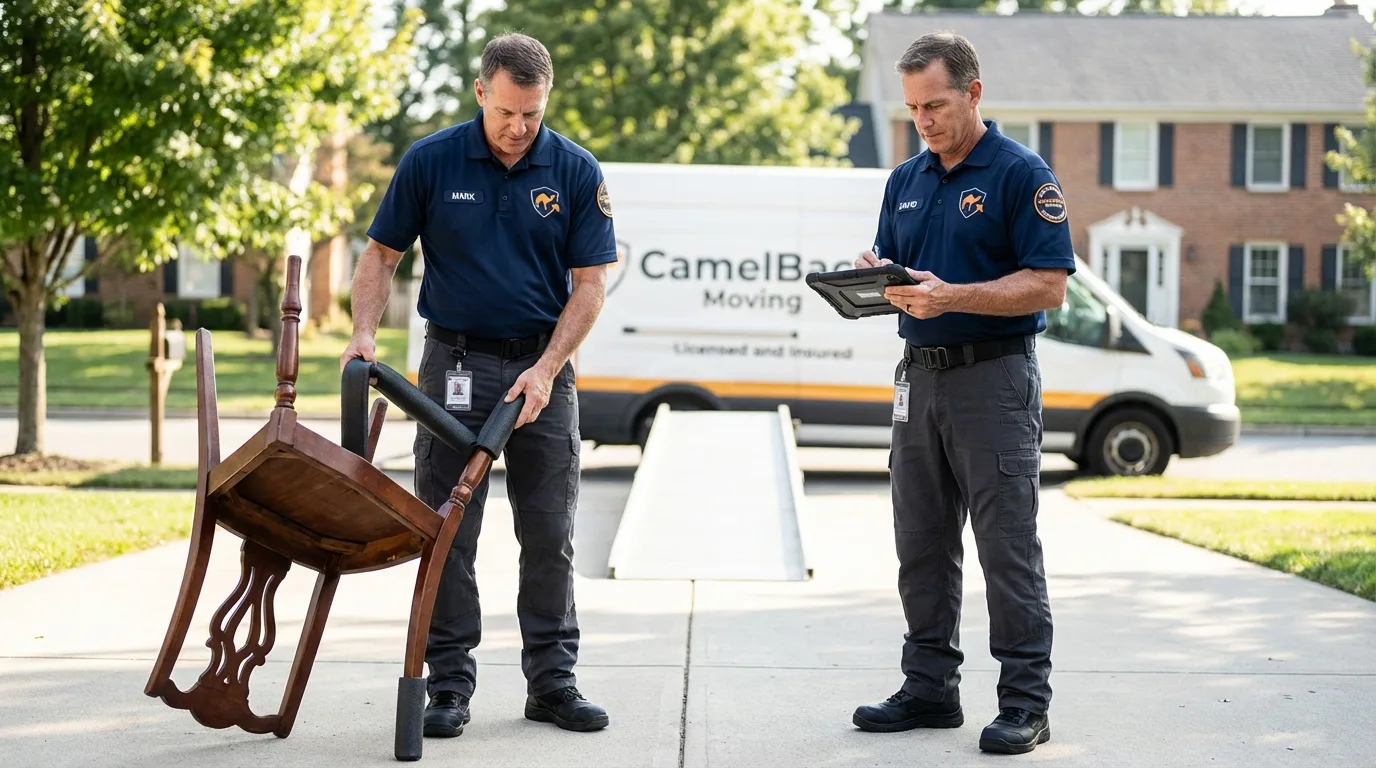 Movers inspecting furniture for damage prevention before loading in Clearlake Oaks, CA