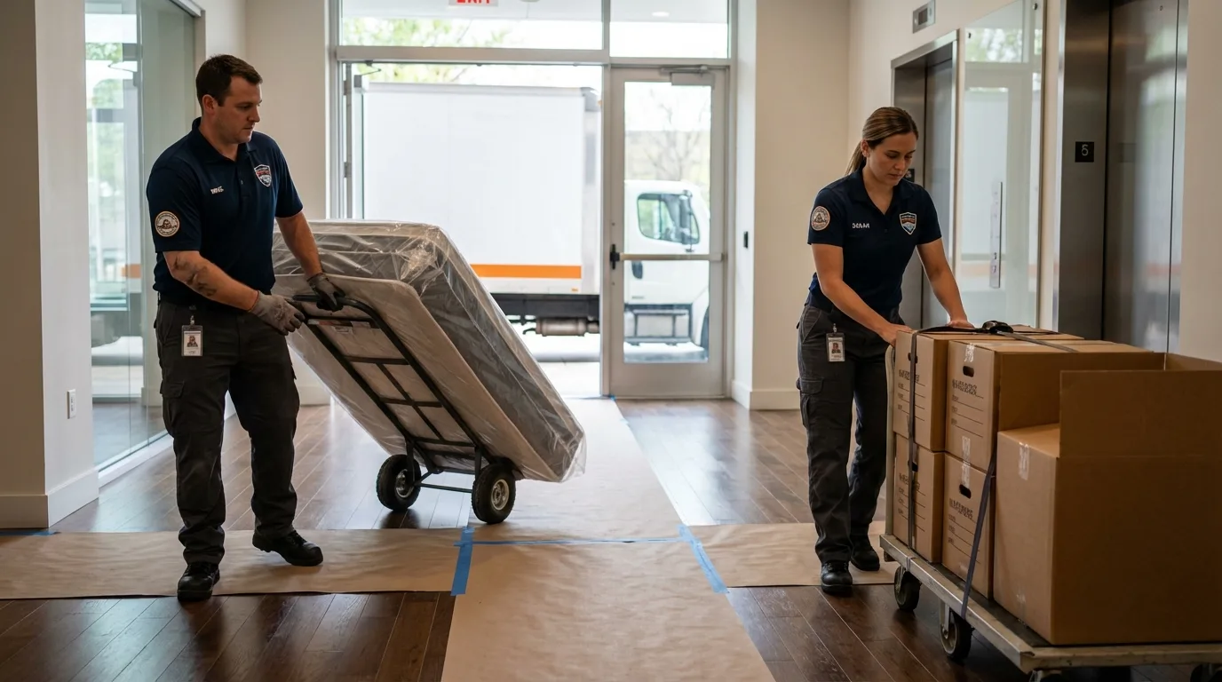 Professional apartment movers loading elevator in Clearlake Oaks, CA