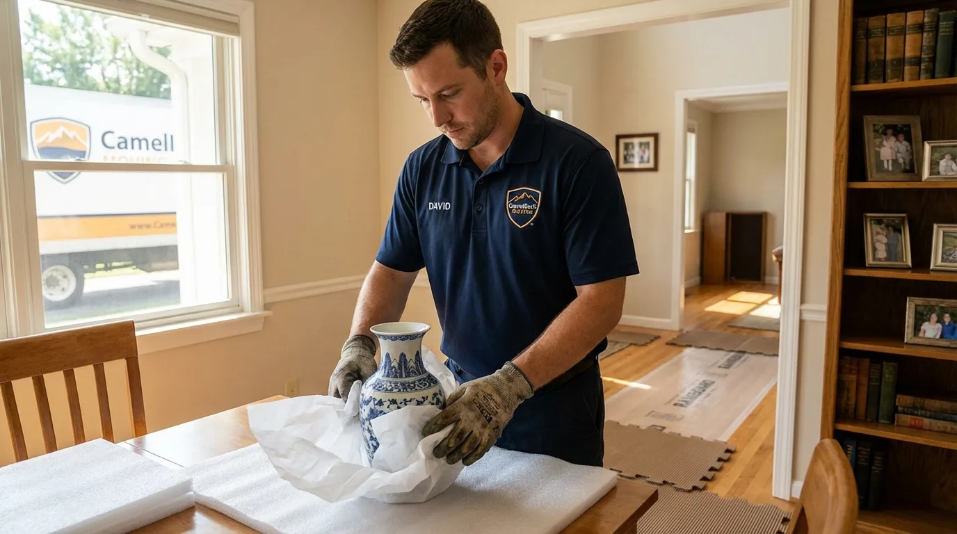Professional crew carefully wrapping antique vase for senior downsizing move in Clearlake Oaks, CA